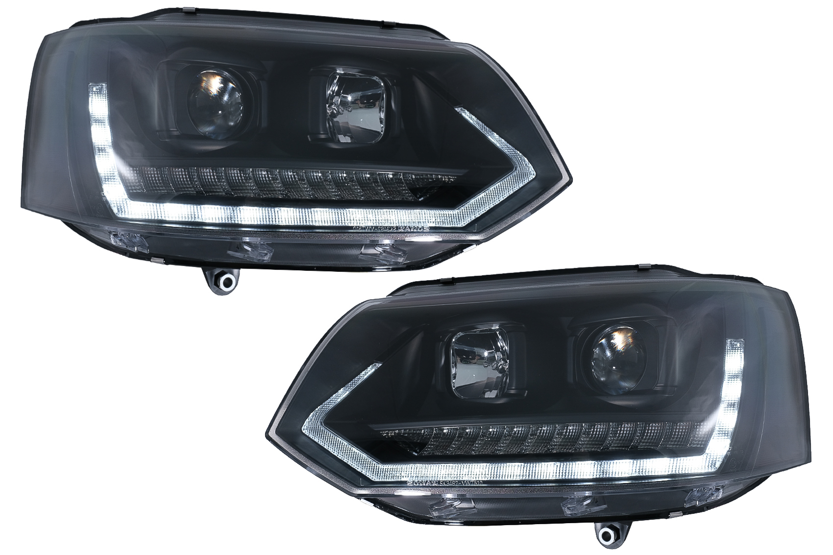 LED-es fényszórók csőlámpa DRL, VW Transporter T5 (2010-2015) dinamikus szekvenciális kanyarodó lámpa, fekete